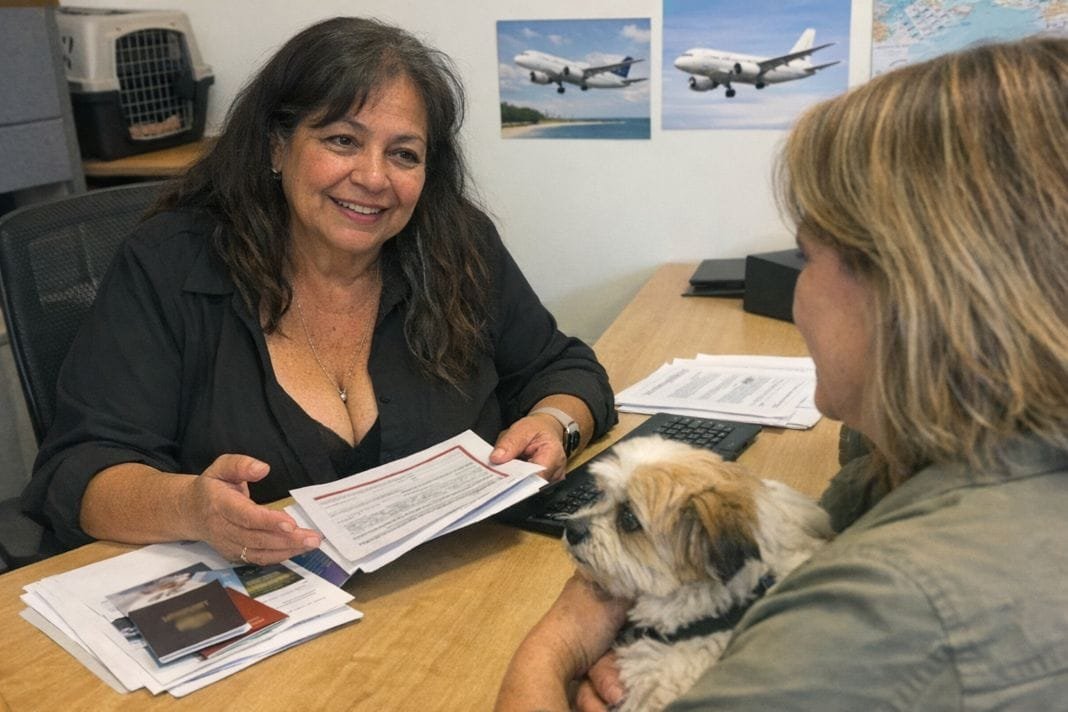 An illustrative image of a pet travel consultant reviewing travel documents with a client