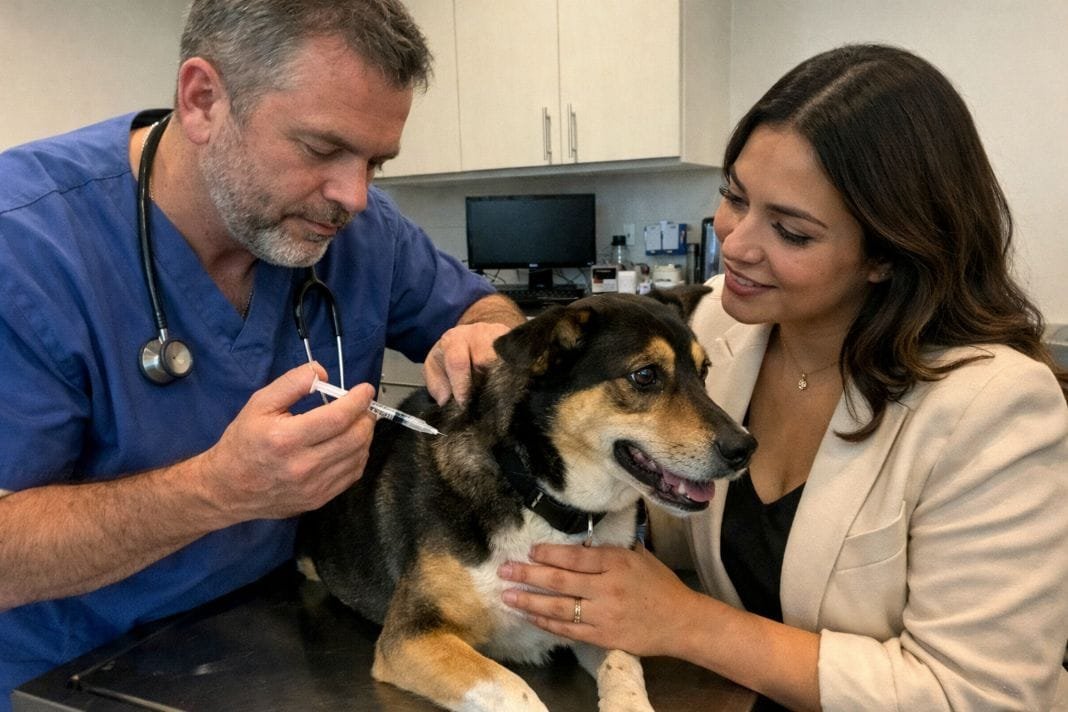 An illustrative image of a veterinarian gently administering a rabies vaccine An illustrative image of a veterinarian gently administering a rabies vaccine