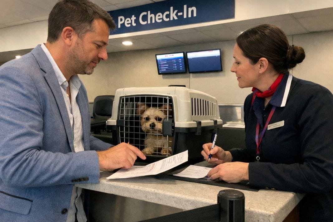 An illustrative image of an airport pet check-in desk# with a small dog IATA-approved carrier An illustrative image of an airport pet check-in desk# with a small dog IATA-approved carrier