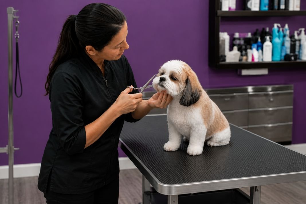 A photo of a dog groomer working A photo of a dog groomer working