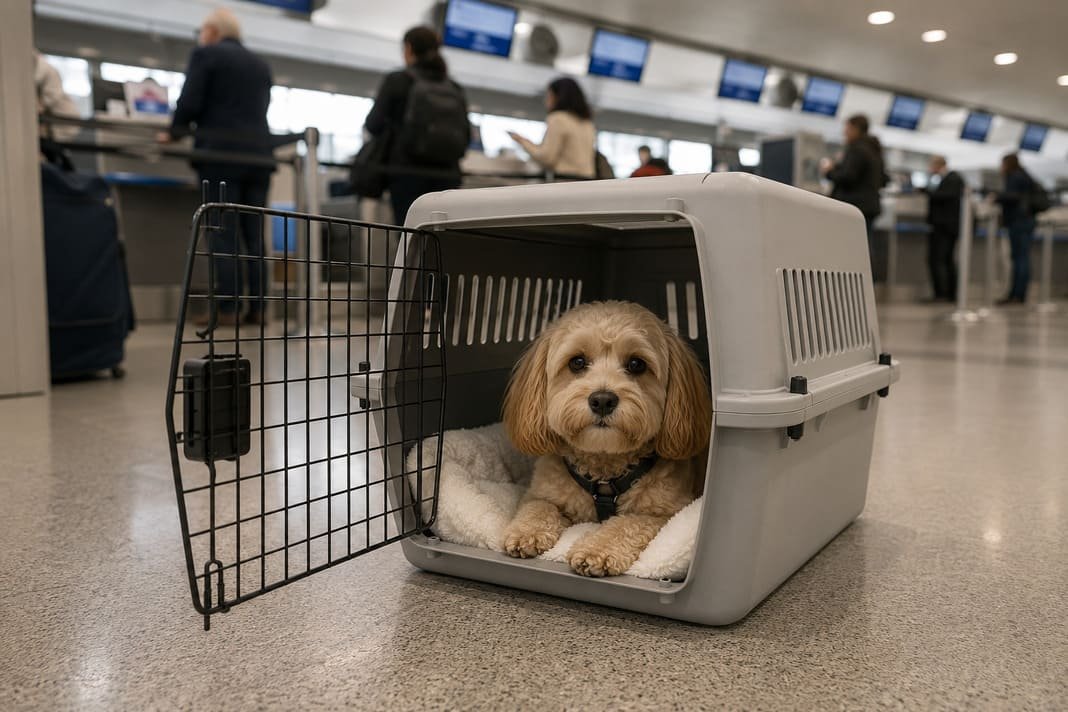 A small dog in an open travel crate at an airport check-in area A small dog in an open travel crate at an airport check-in area