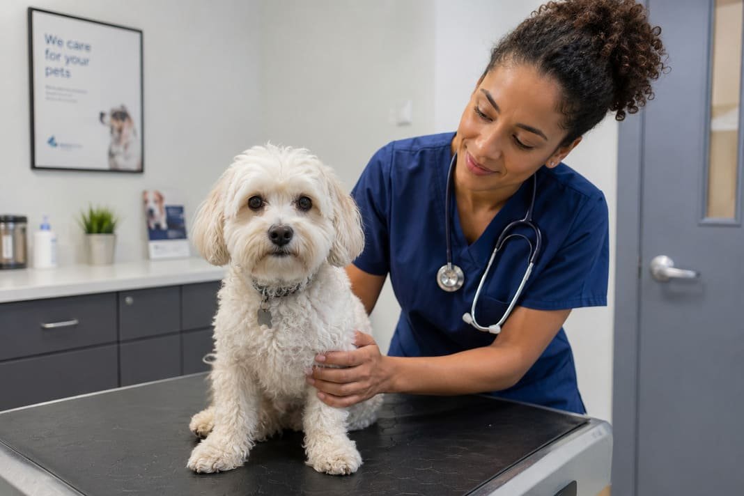 A small westie-poo dog sitting calmly in a vets A small westie-poo dog sitting calmly in a vets