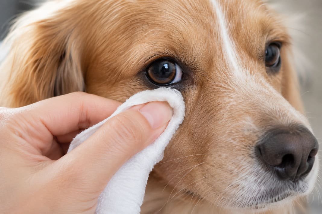 Close up of a hand gently wiping the fur under a dogs eye Close up of a hand gently wiping the fur under a dogs eye