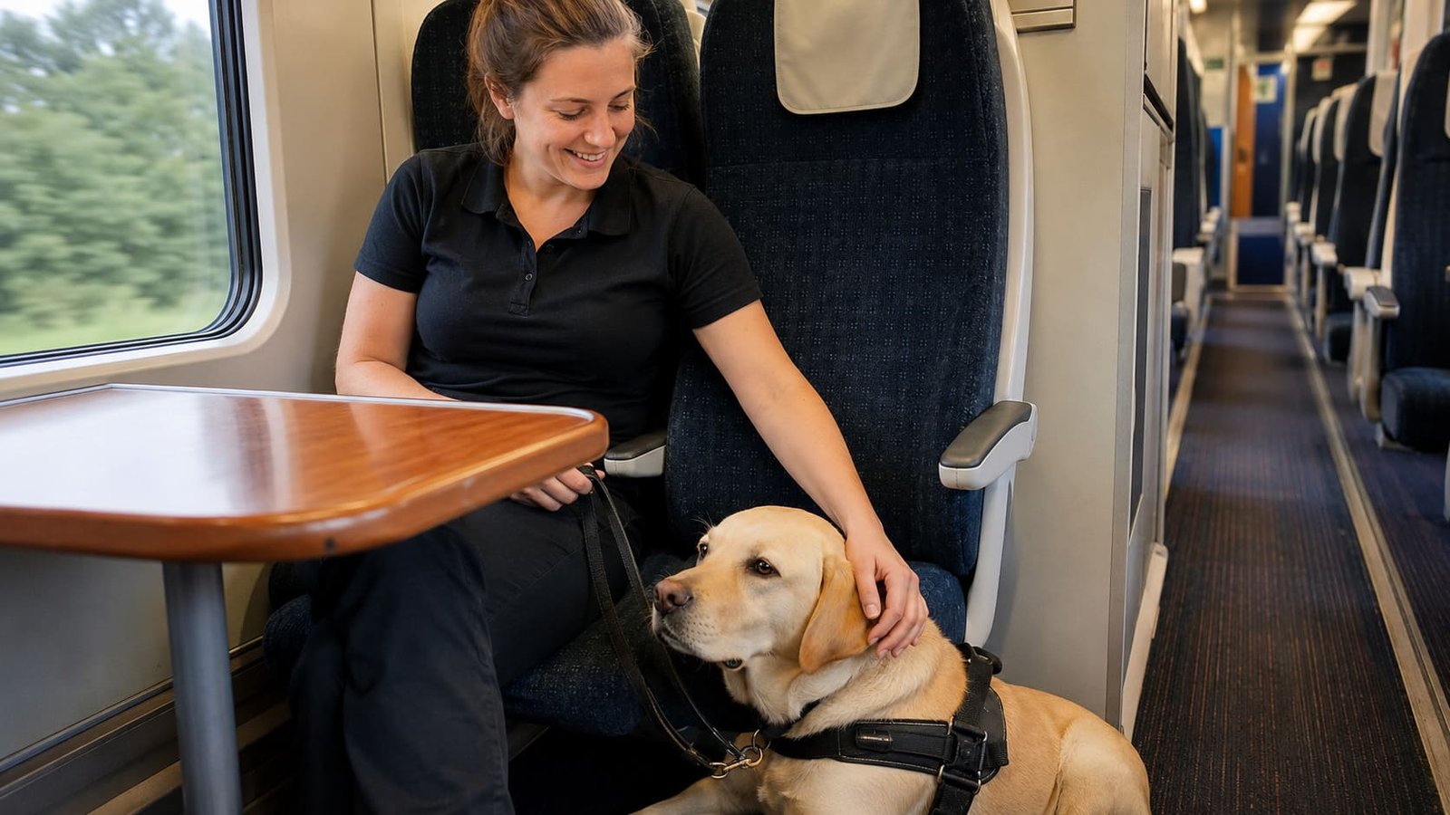 Handler comforts a calm dog during a long-distance train journey. Handler comforts a calm dog during a long-distance train journey.