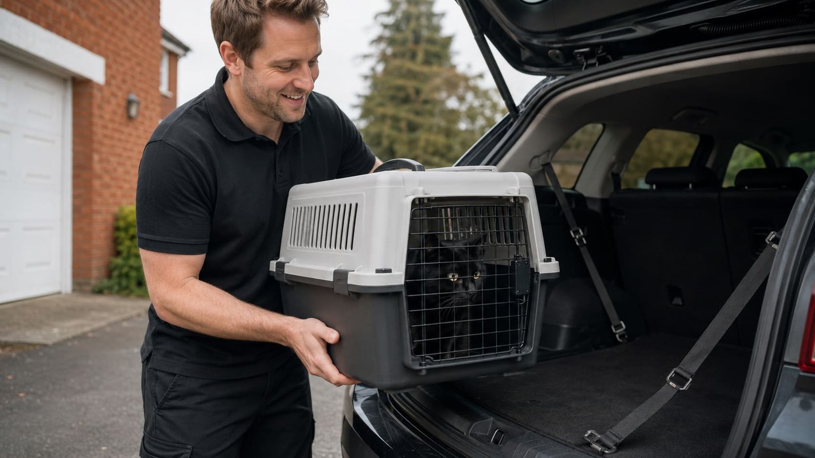 Handler loads a closed cat carrier safely into the vehicle boot.