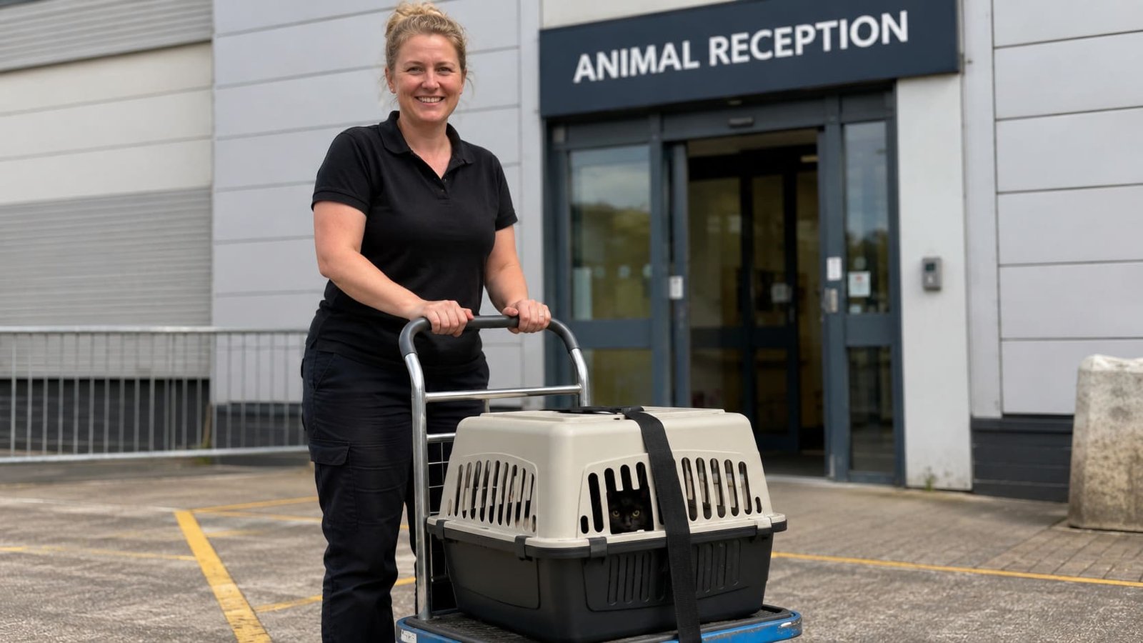 Handler pushes a secured cat carrier outside the animal reception centre.