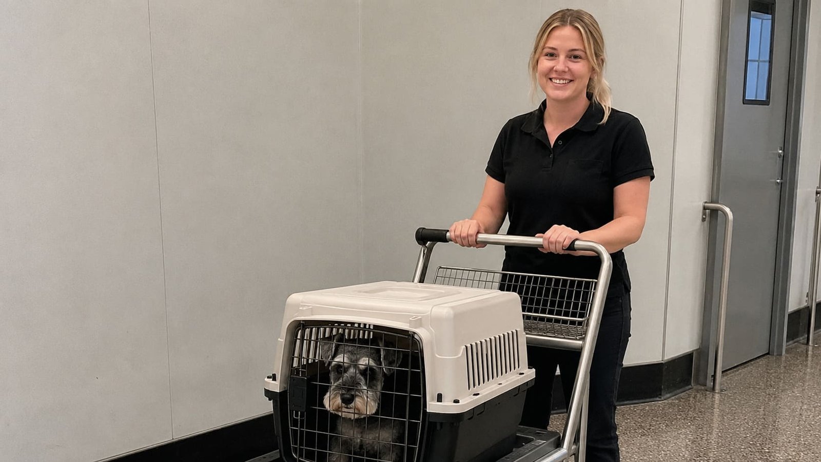 Handler pushes a secured pet carrier through an airport collection area – Illustrative Image Handler pushes a secured pet carrier through an airport collection area - Illustrative Image