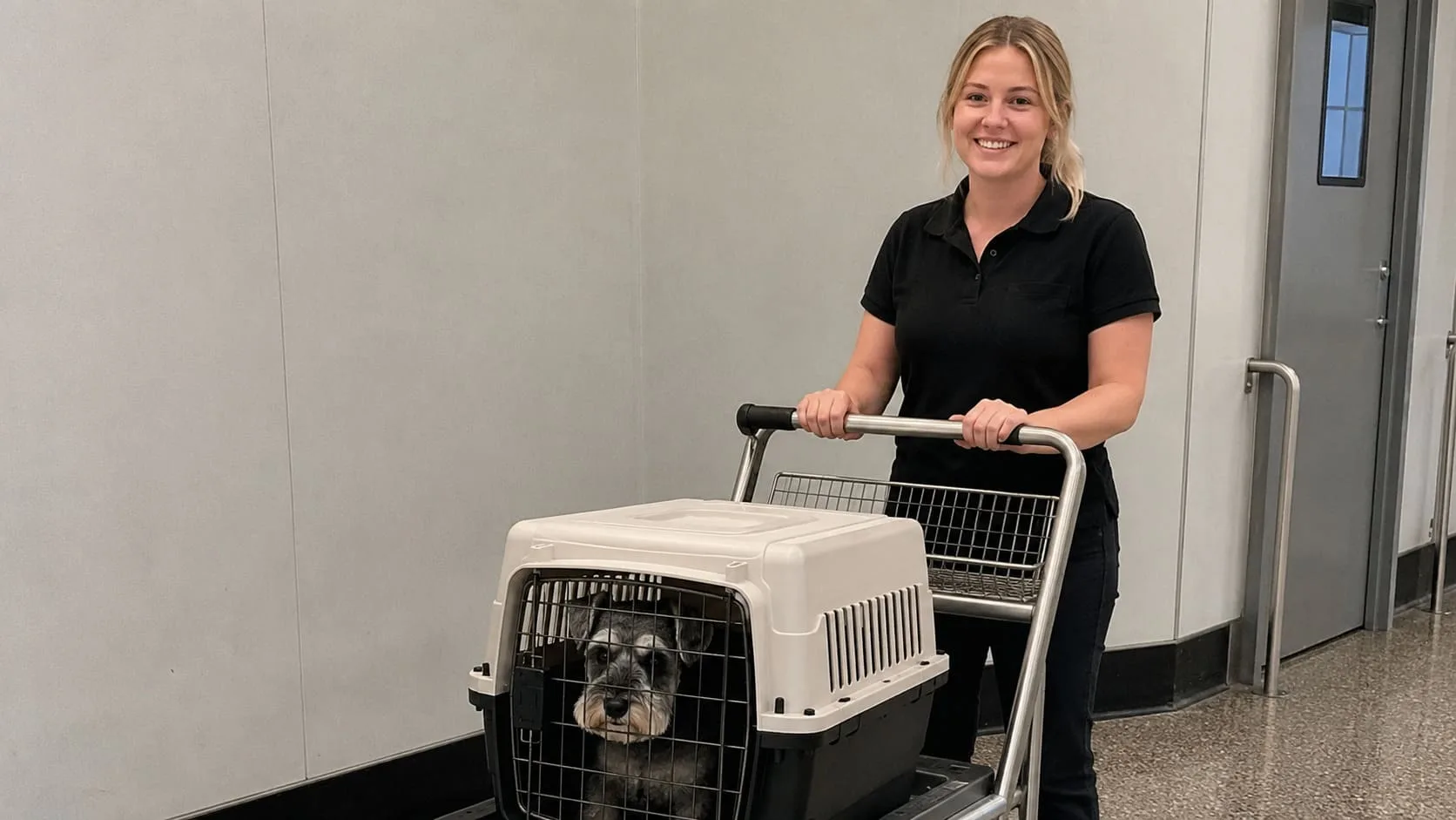 Handler pushes a secured pet carrier through an airport collection area - Illustrative Image