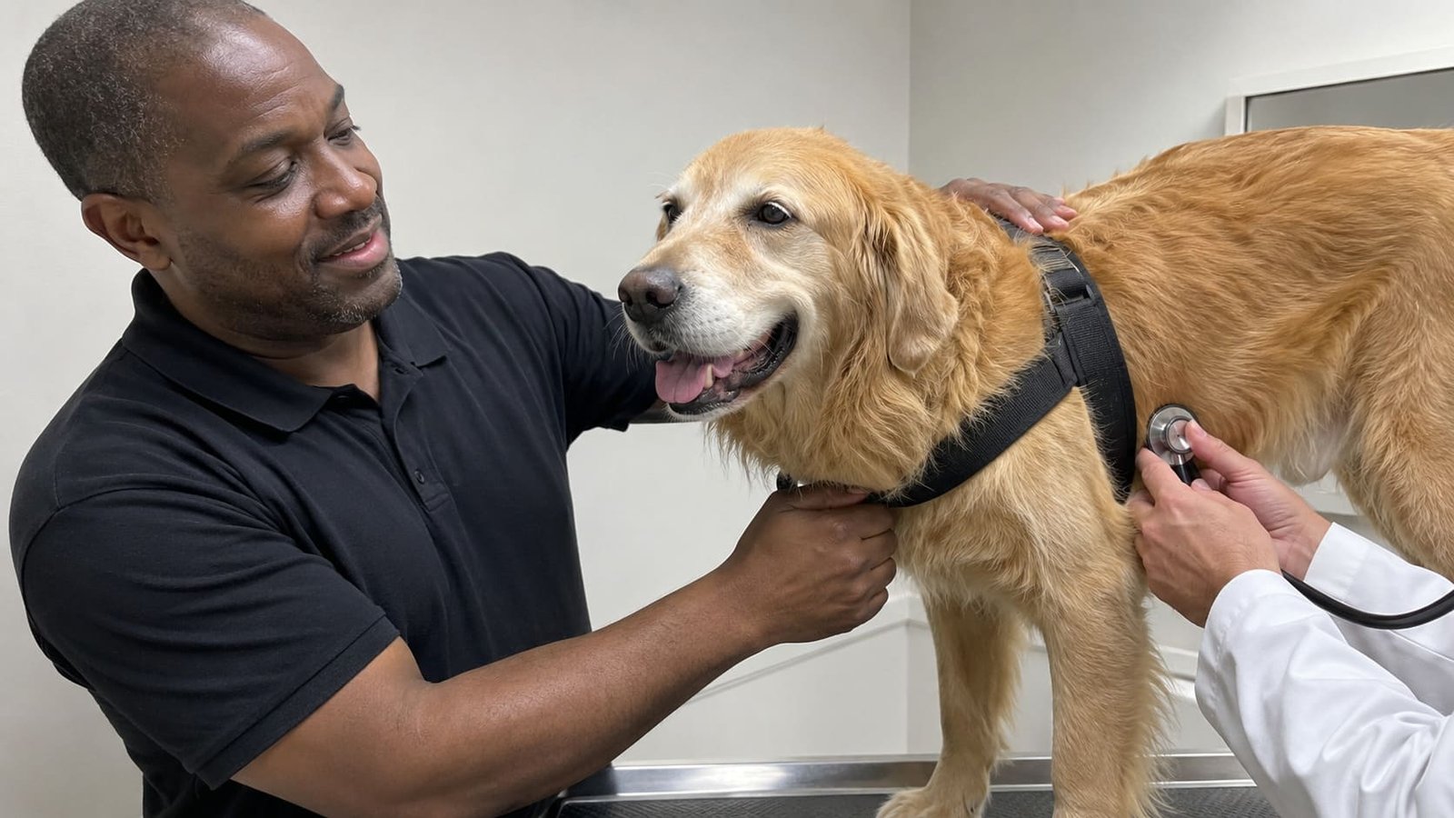Handler supports a senior retriever during a veterinary travel check.