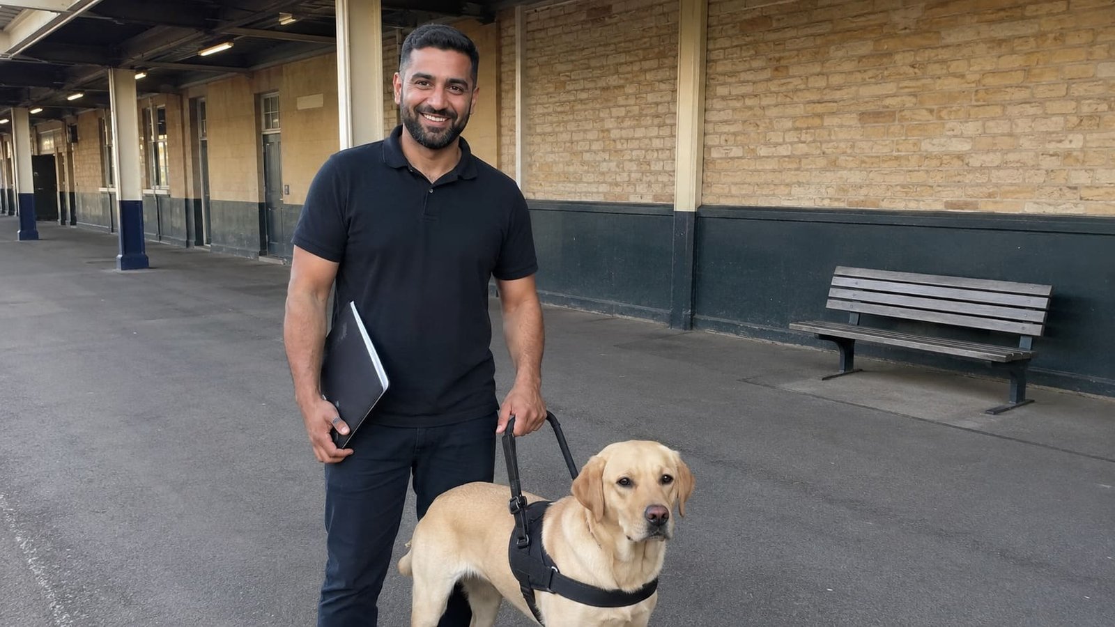 Handler wait with a Labrador at a train station Handler wait with a Labrador at a train station