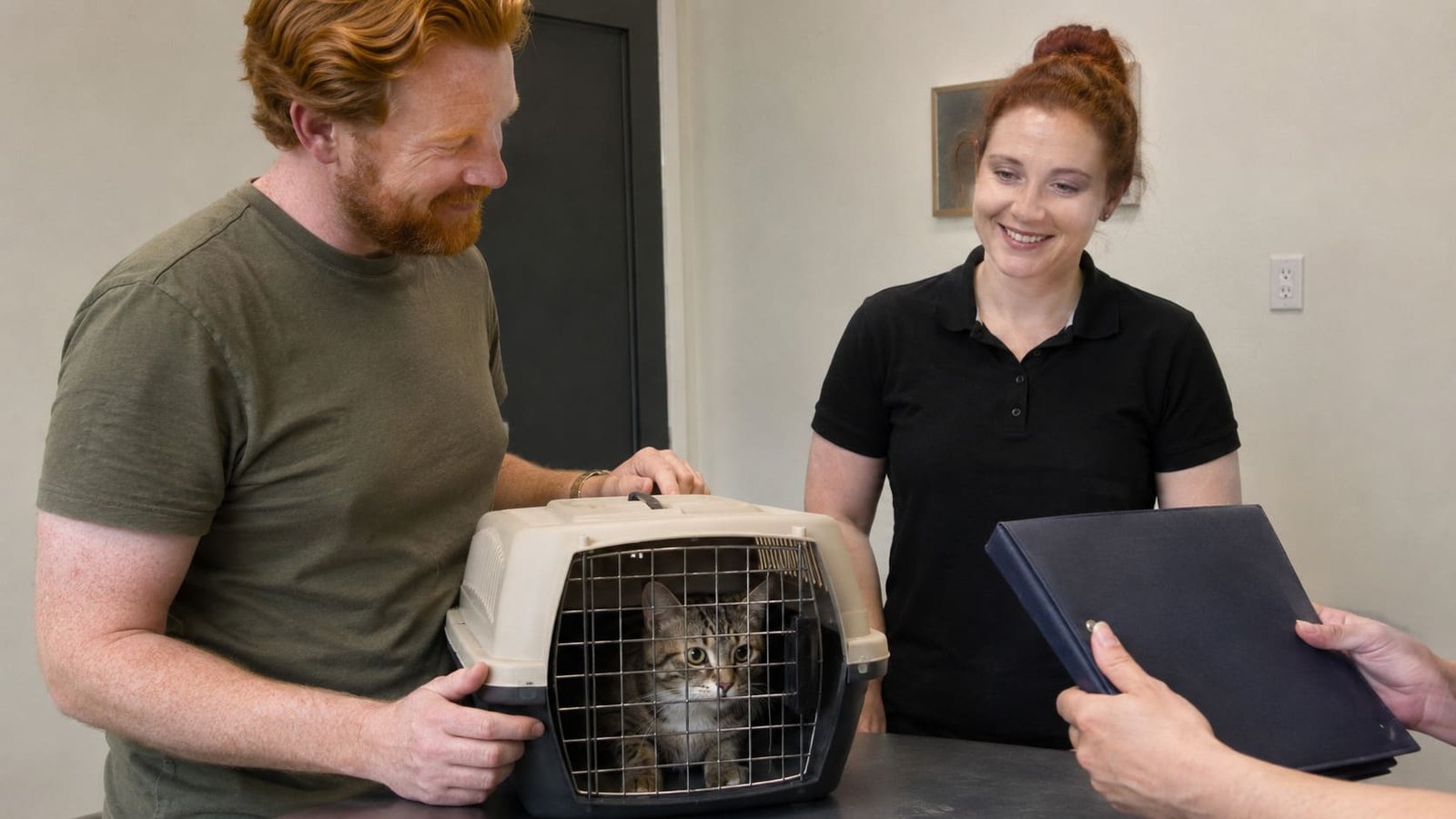 Owner and pet travel handler prepare a cat carrier together. Owner and pet travel handler prepare a cat carrier together.