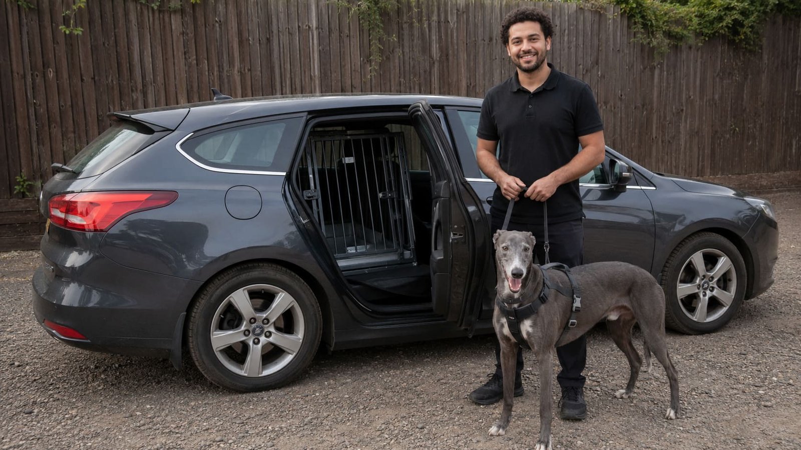 Pet chauffeur holds a greyhound beside an open transport vehicle.