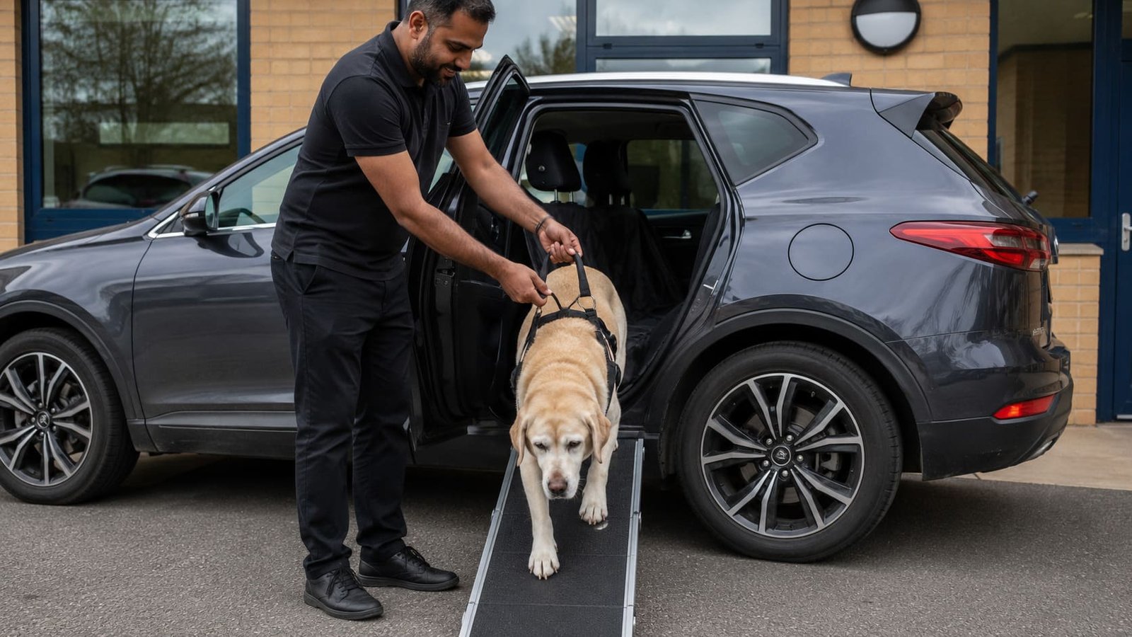 Pet transport handler guides an older Labrador down a non-slip ramp.