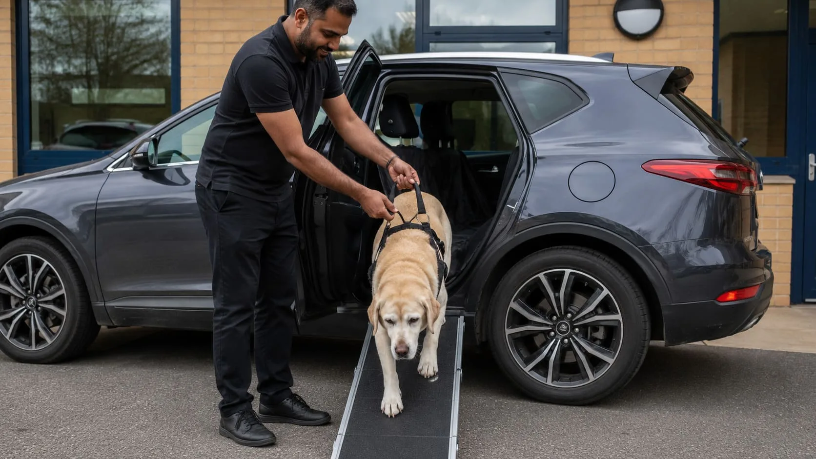 Pet transport handler guides an older Labrador down a non-slip ramp.