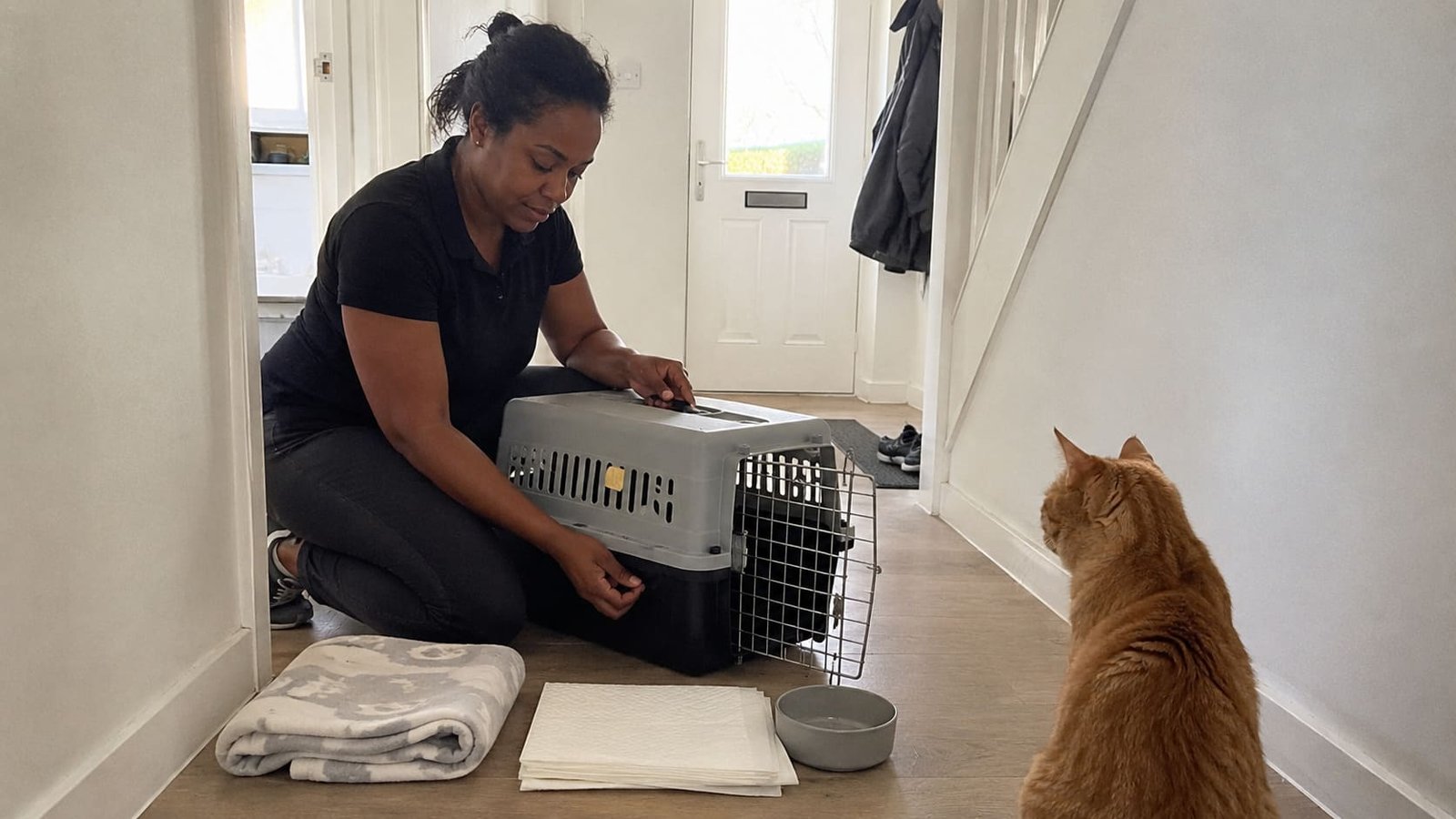 Pet travel handler prepares a carrier while a ginger cat waits.