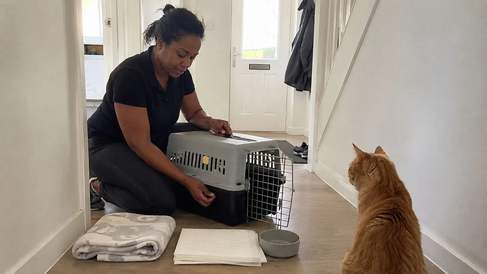 Pet travel handler prepares a carrier while a ginger cat waits.