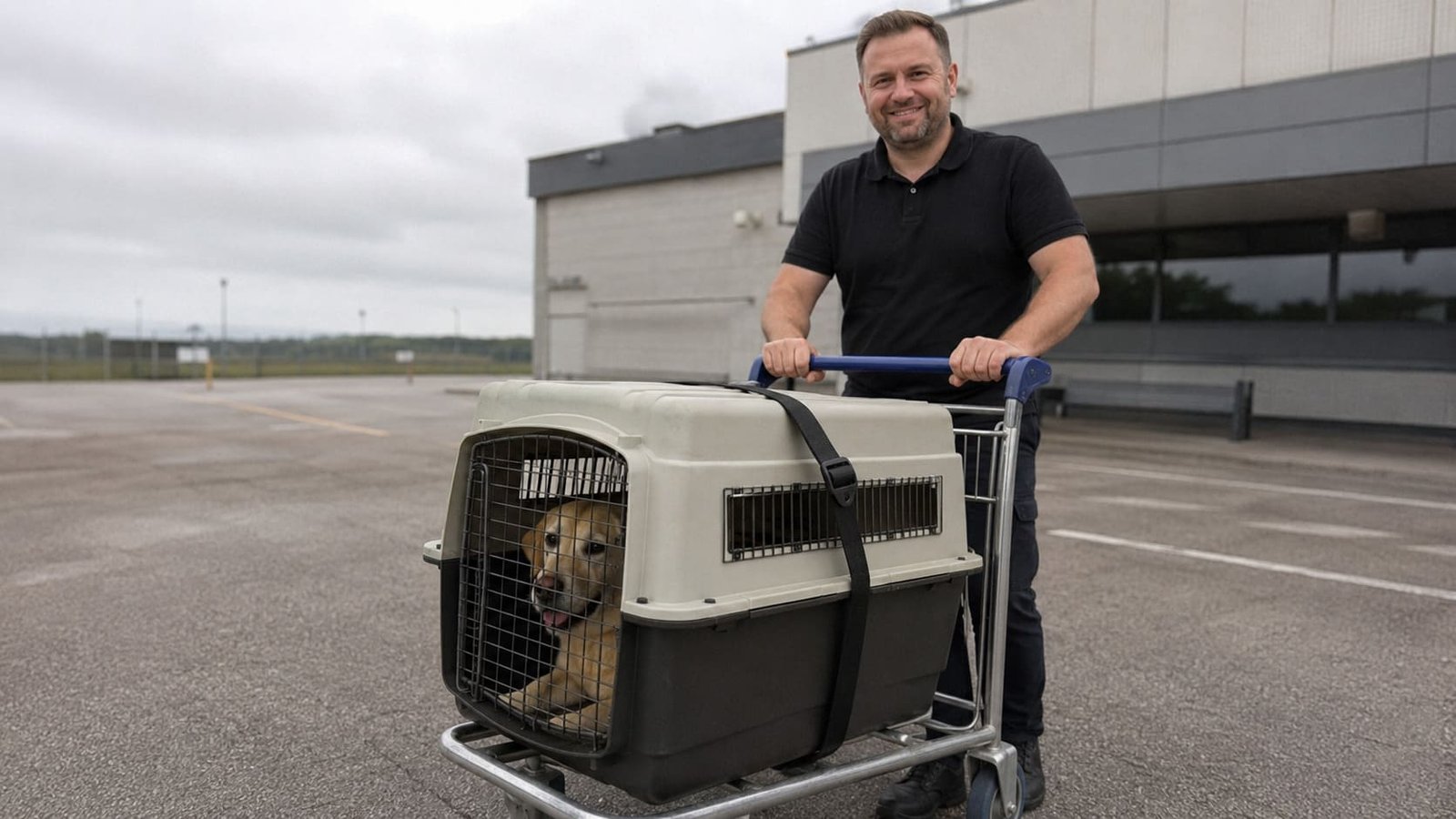 Pet travel handler pushes a secured dog crate across the airport. Pet travel handler pushes a secured dog crate across the airport.