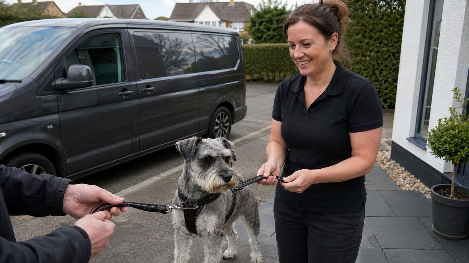 Pet travel handler receives a harnessed dog during a home handover. Pet travel handler receives a harnessed dog during a home handover.