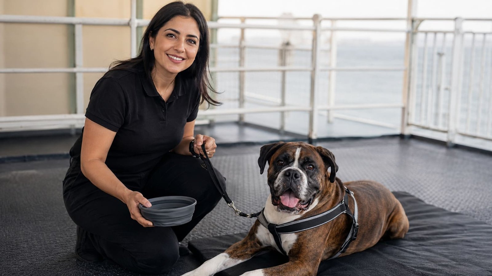 Pet travel handler rests beside a harnessed bulldog during transit. Pet travel handler rests beside a harnessed bulldog during transit.