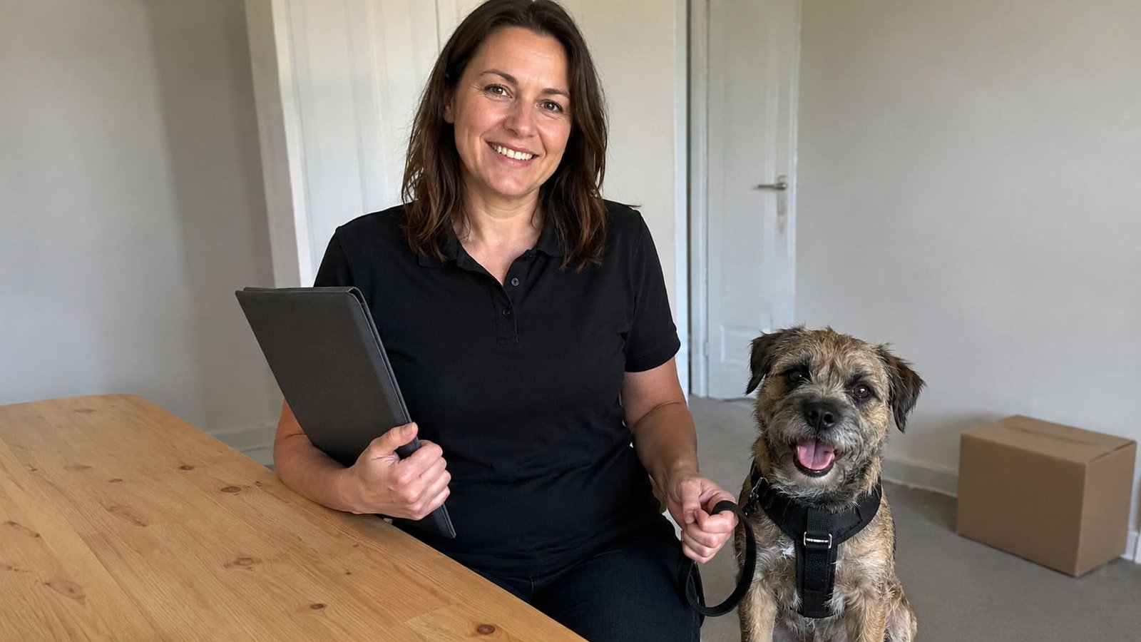 Pet travel handler reviews documents beside a calm harnessed dog indoors.