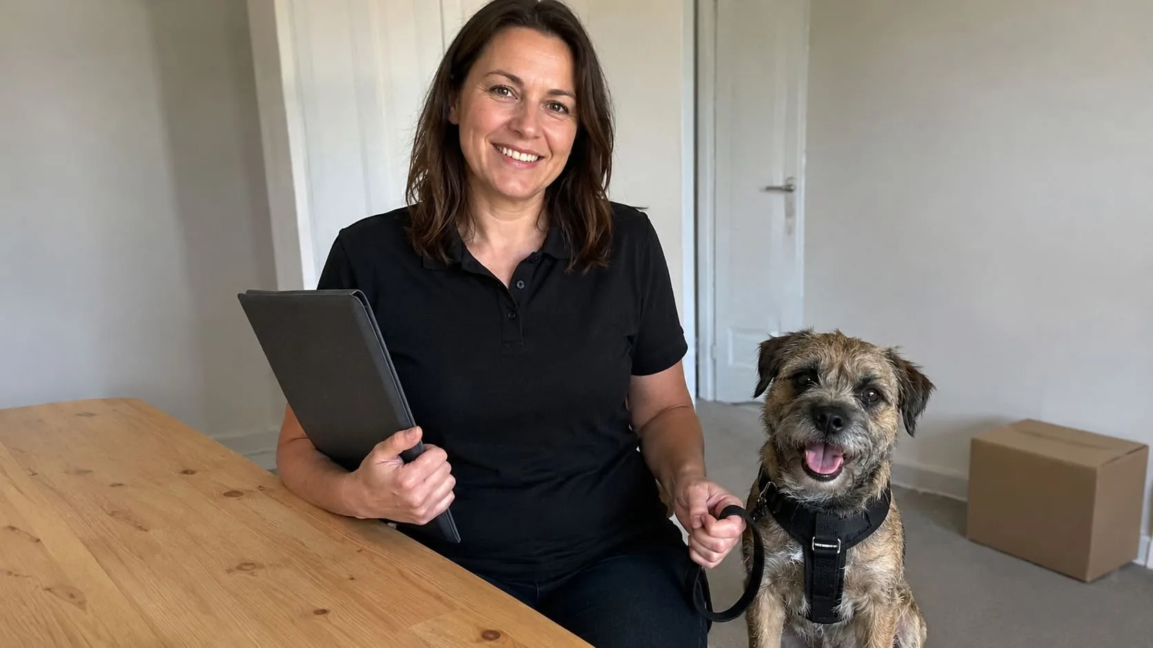 Pet travel handler reviewing documents beside a calm dog
