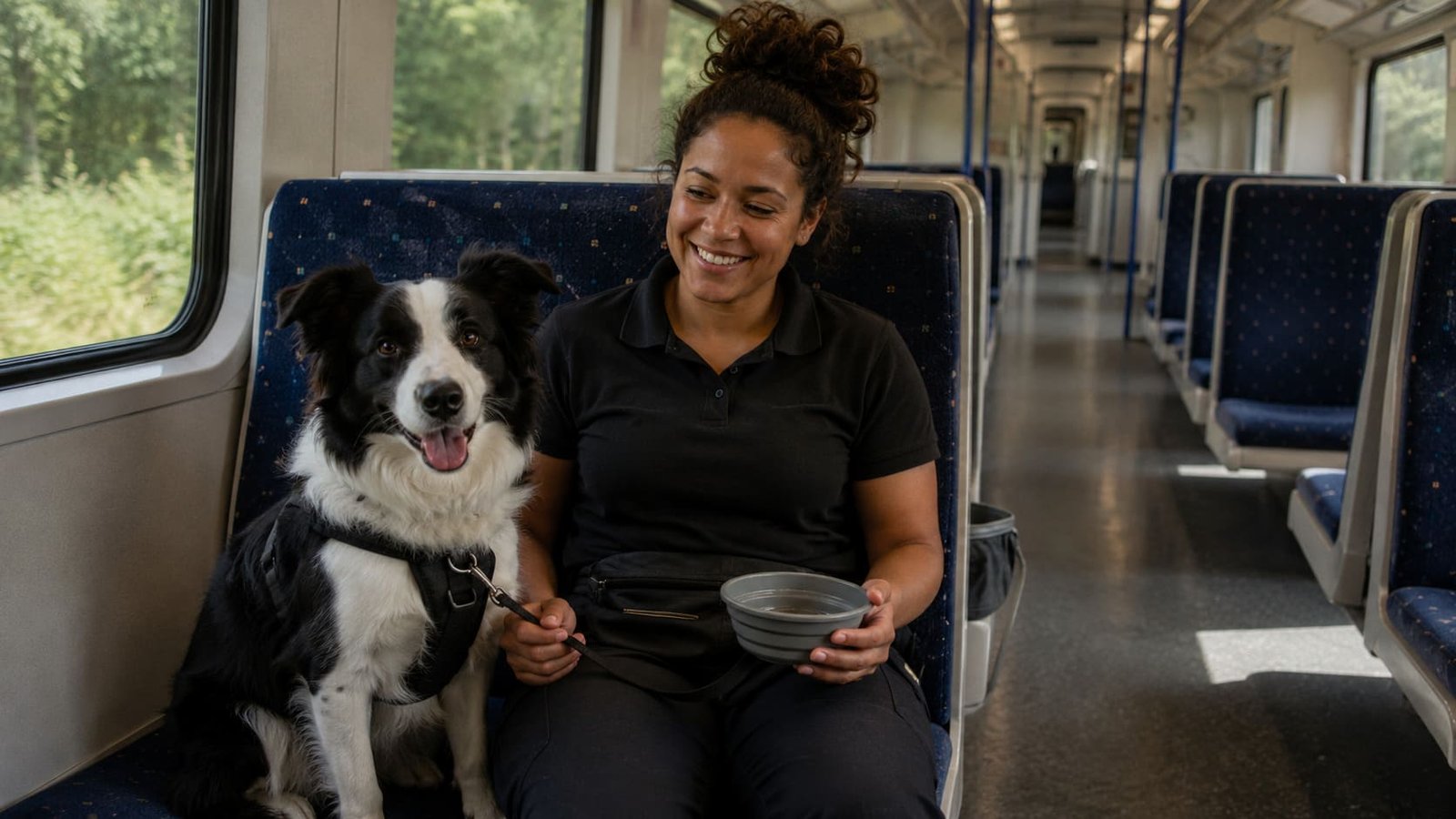 Pet travel handler sits with a harnessed dog aboard a train. Pet travel handler sits with a harnessed dog aboard a train.