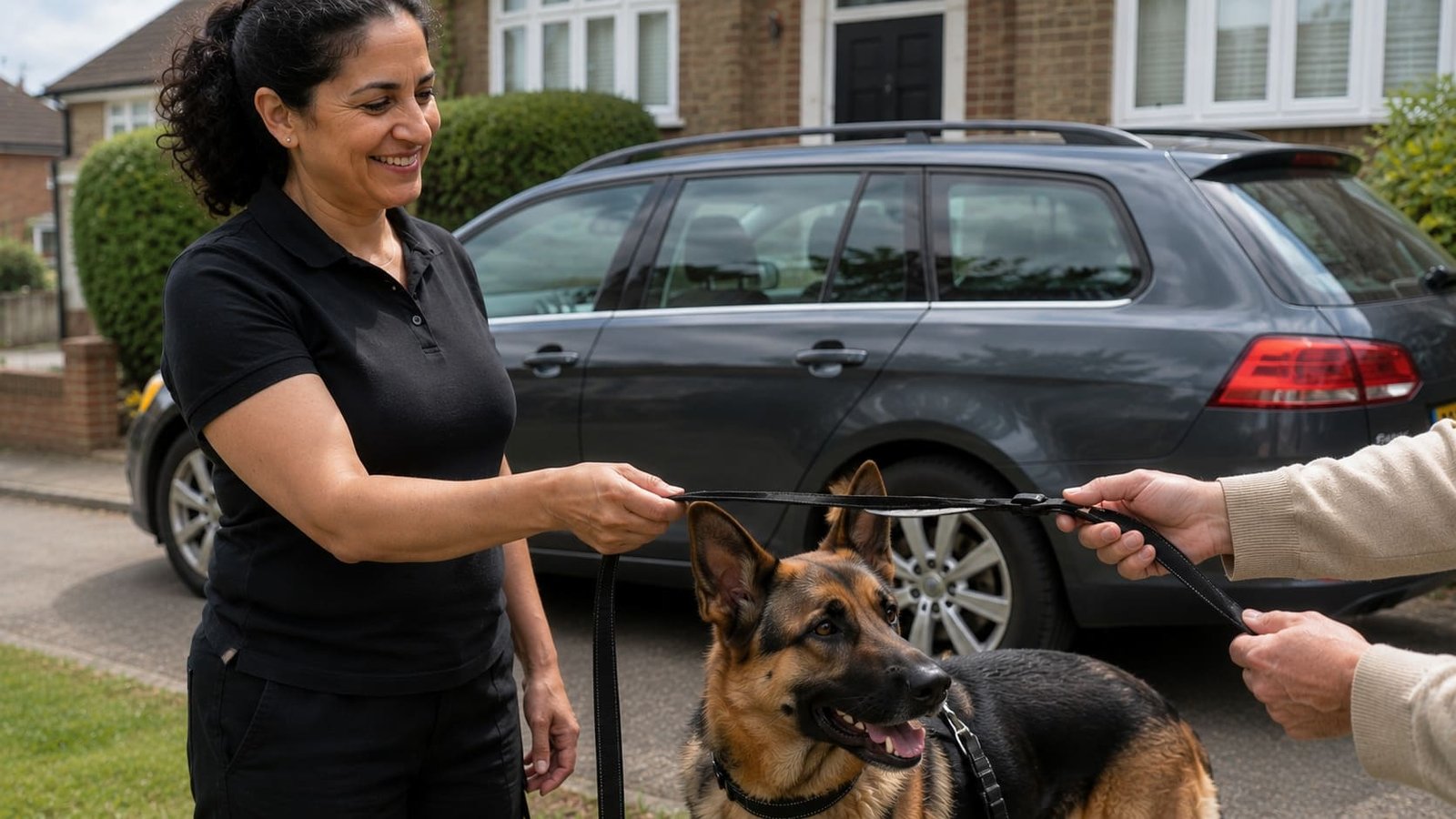 Pet travel handover beside a vehicle with a securely harnessed dog.
