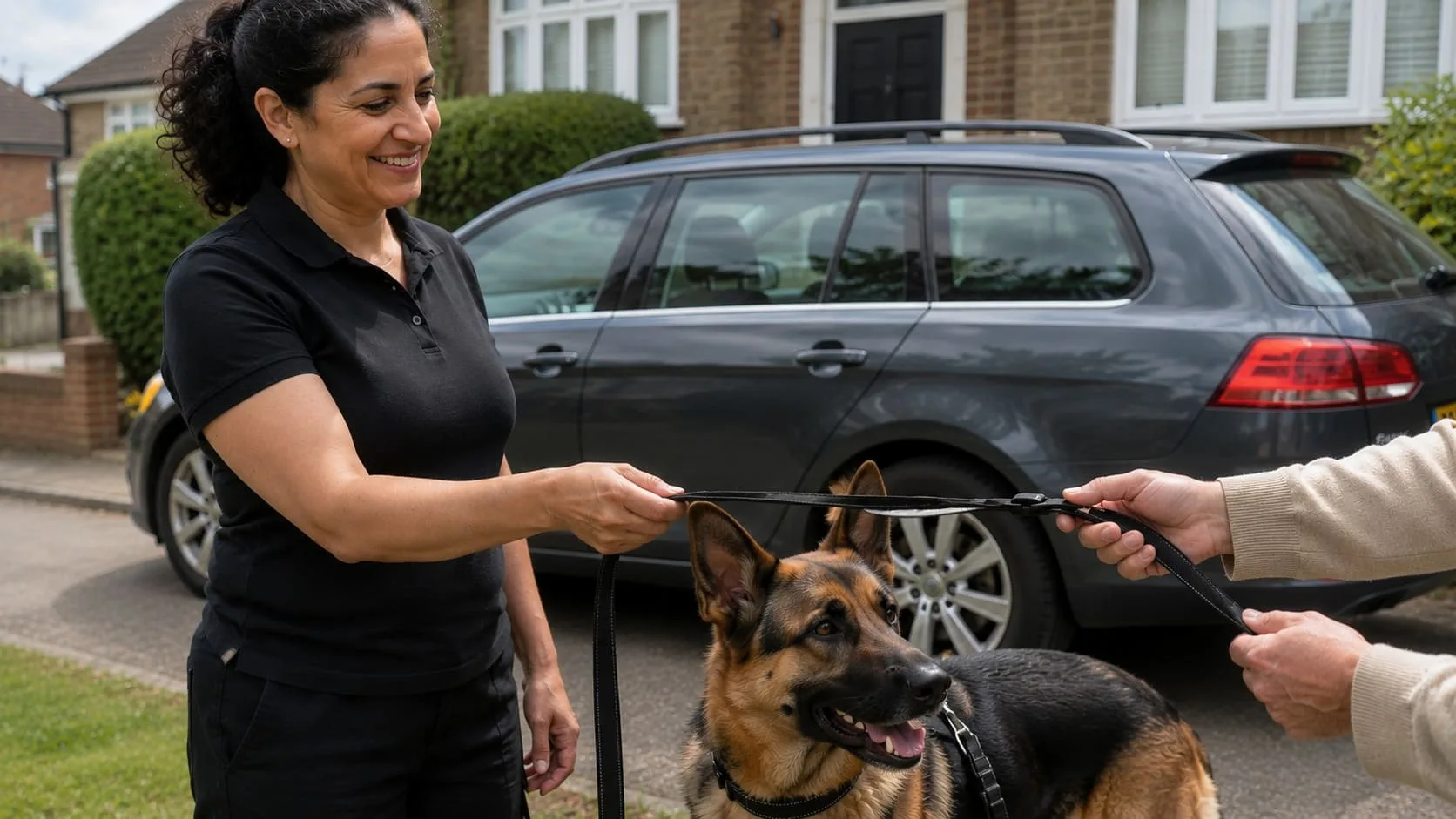 Pet travel handover beside a vehicle with a securely harnessed dog.