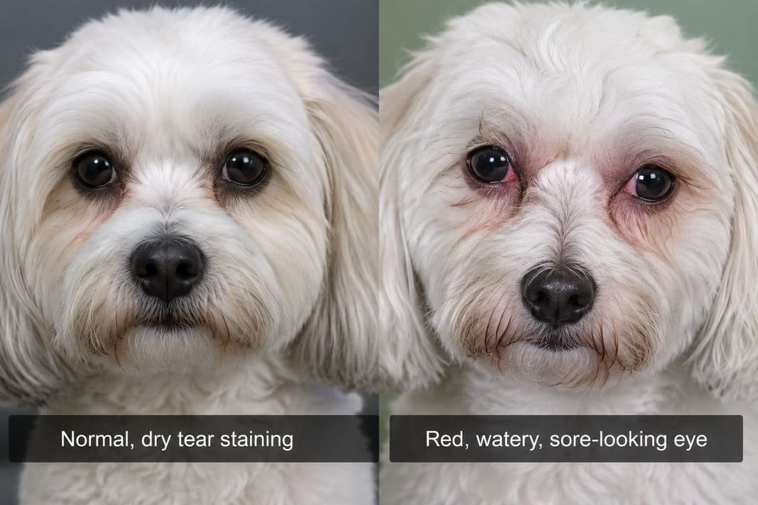Side-by-side style photo of two dogs faces one with normal dry tear staining and one with a red watery and sore-looking eye Side-by-side style photo of two dogs faces one with normal dry tear staining and one with a red watery and sore-looking eye
