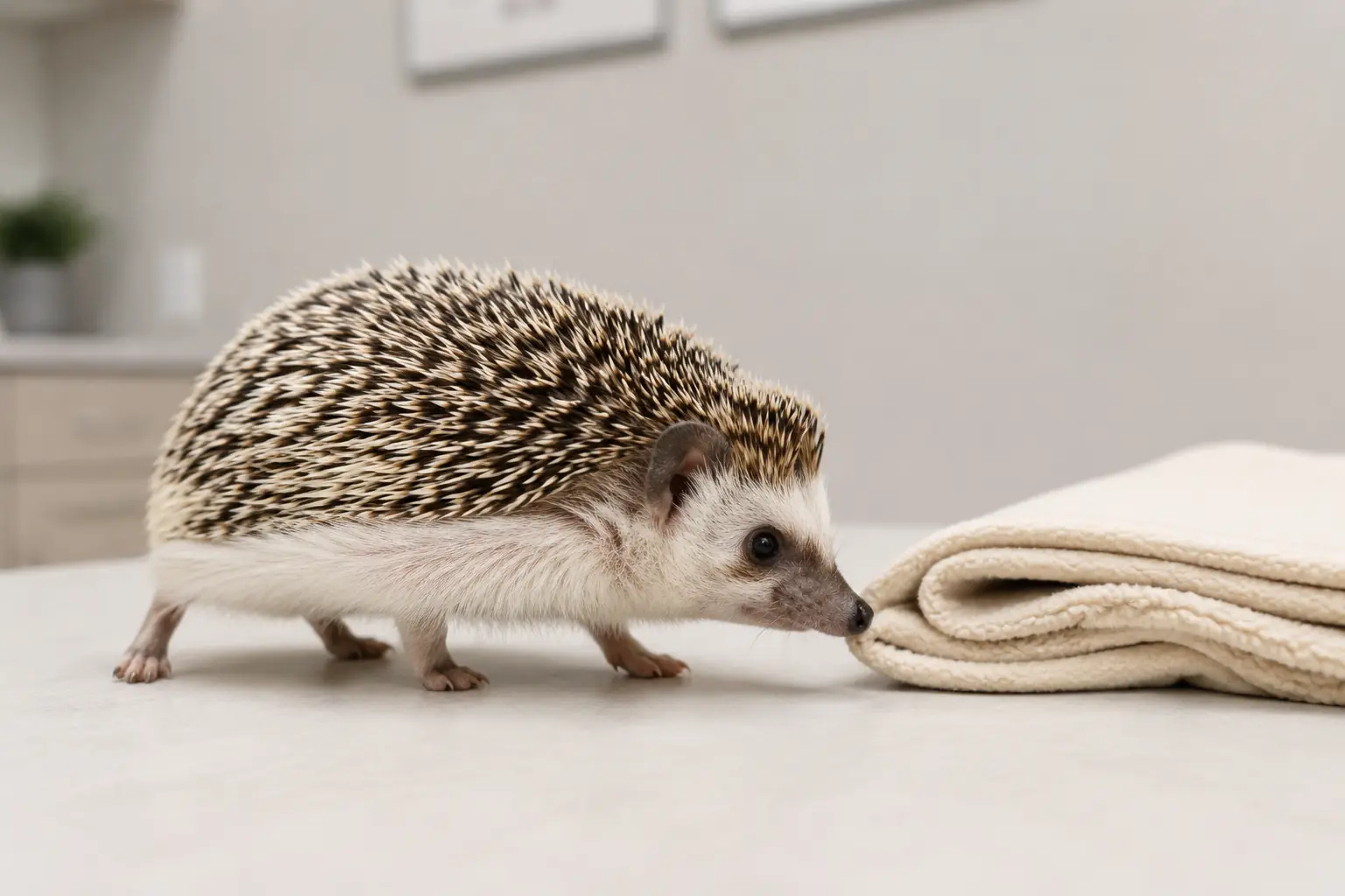 African pygmy hedgehog walking beside blanket in clean consultation room African pygmy hedgehog walking beside blanket in clean consultation room