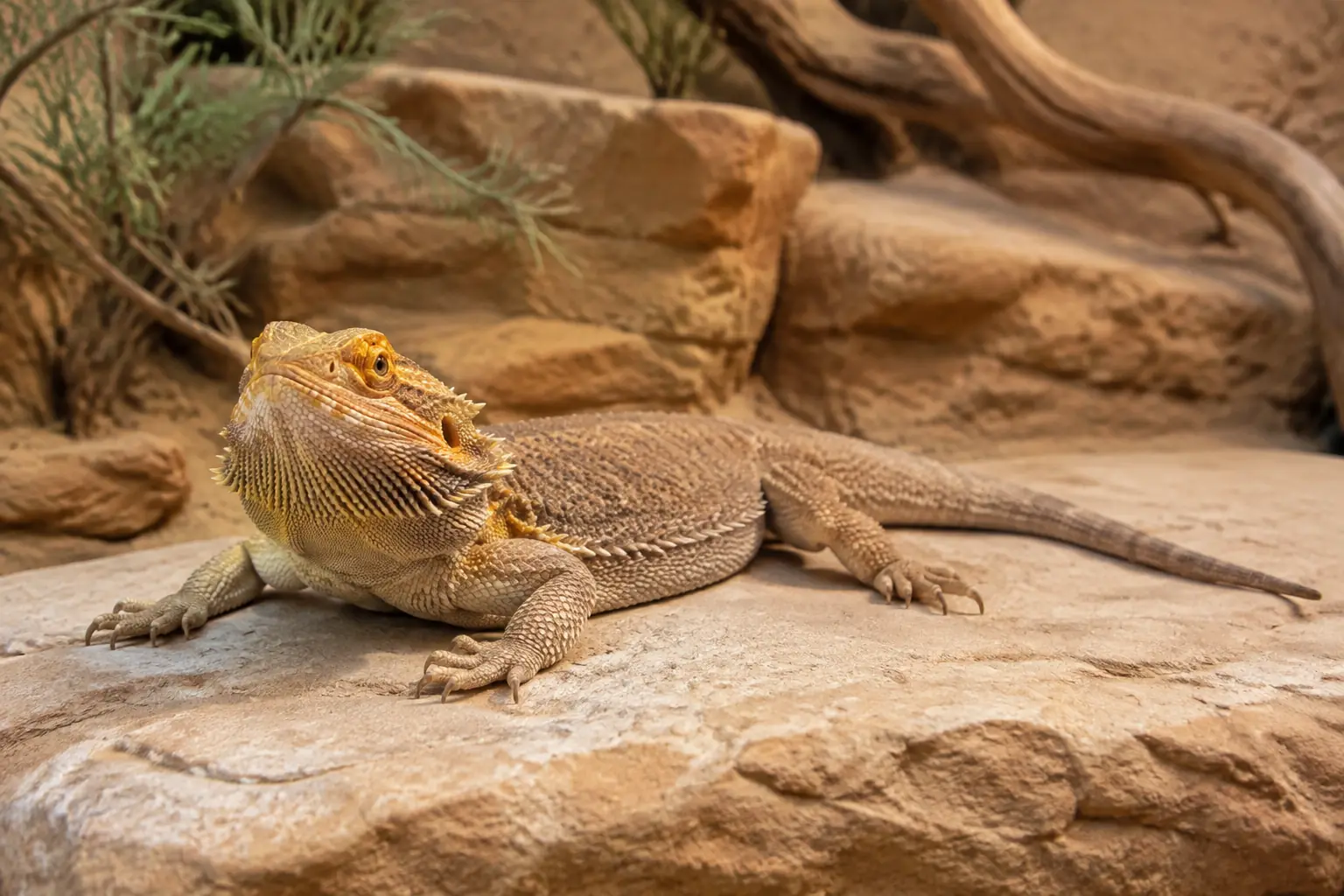 Bearded dragon basking on warm stone in natural desert vivarium Bearded dragon basking on warm stone in natural desert vivarium