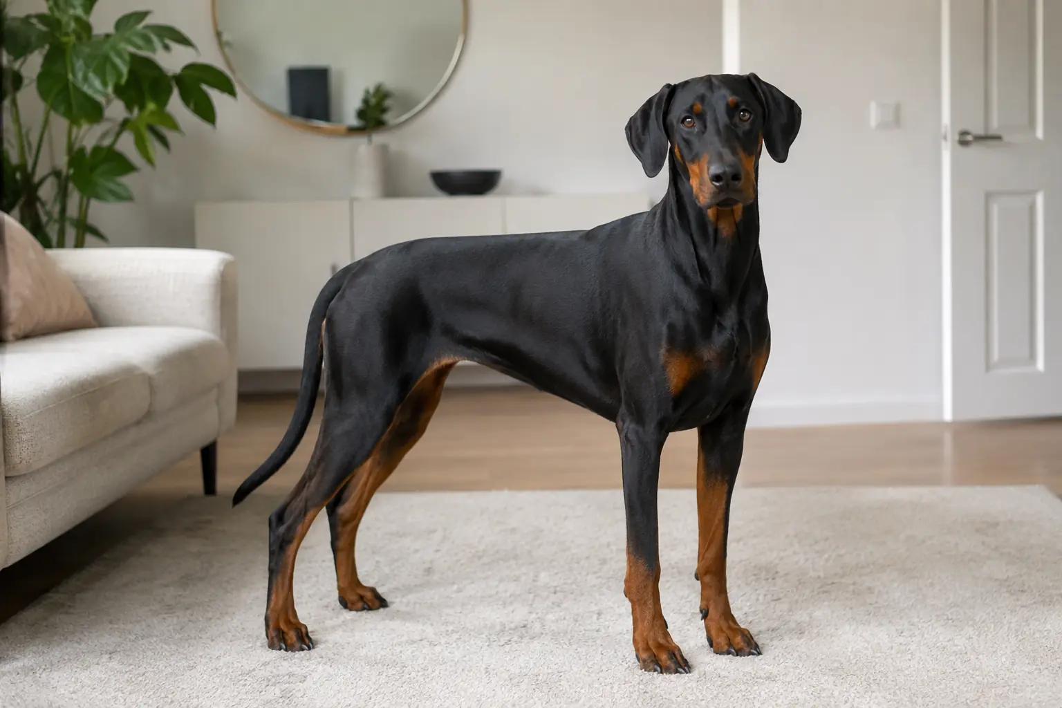 Black and rust Doberman with natural ears and tail indoors - Illustrative Image Black and rust Doberman with natural ears and tail indoors - Illustrative Image