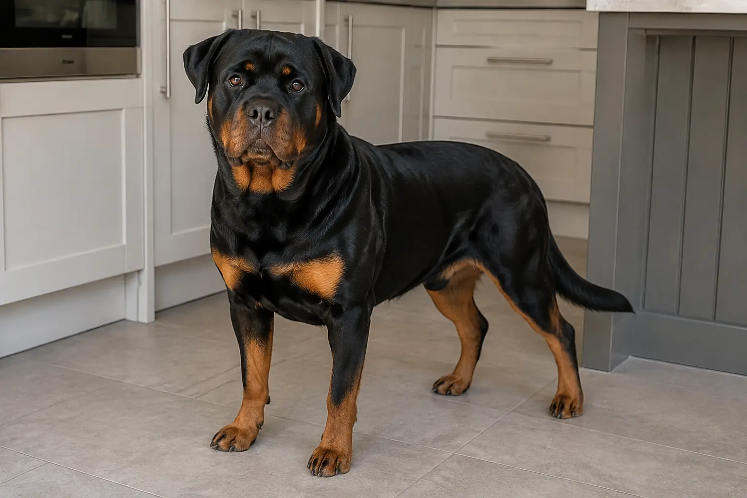Black and tan Rottweiler standing calmly in clean modern kitchen - Illustrative Image Black and tan Rottweiler standing calmly in clean modern kitchen - Illustrative Image