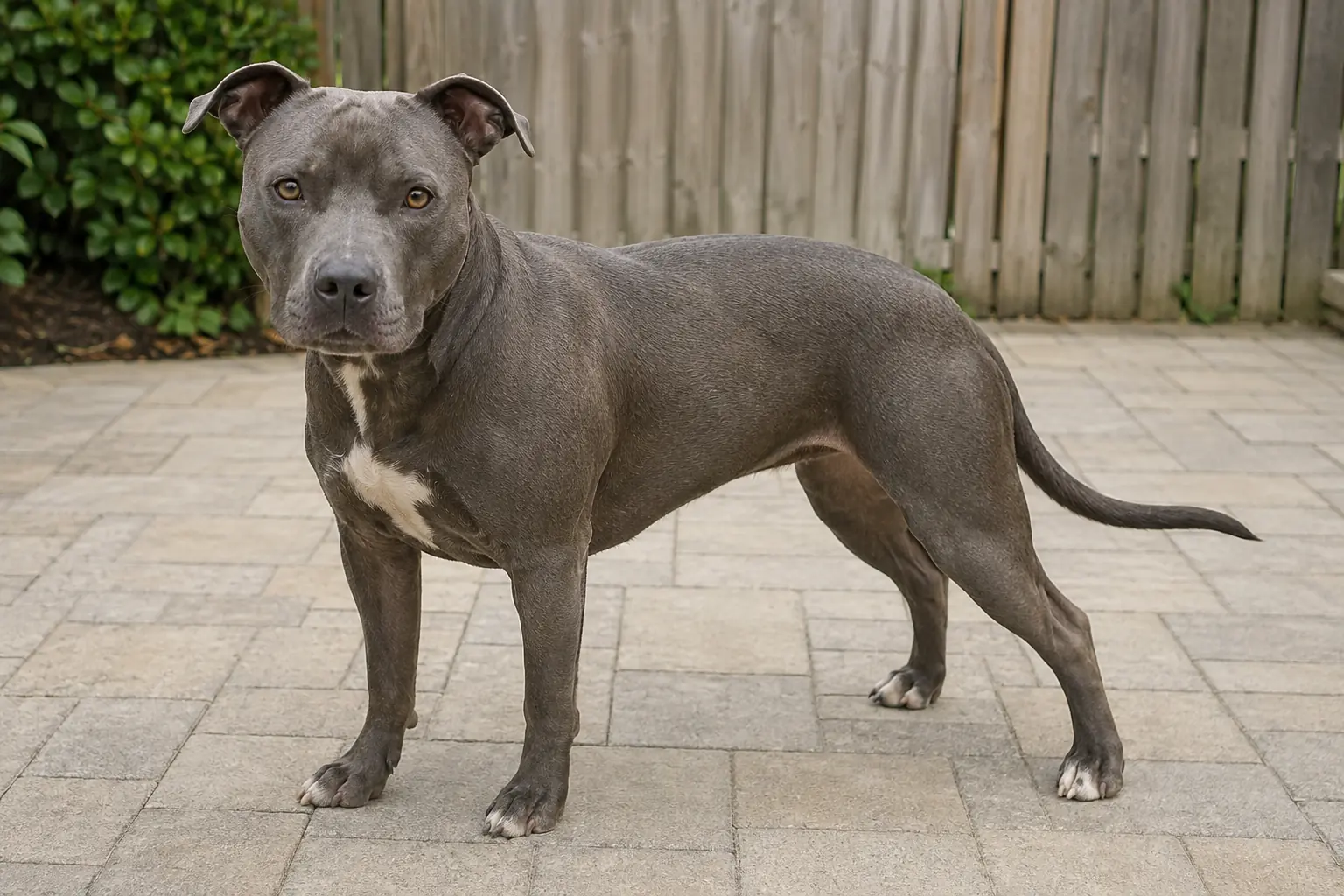 Blue grey American Pit Bull Terrier standing calmly in enclosed garden - Illustrative Image Blue grey American Pit Bull Terrier standing calmly in enclosed garden - Illustrative Image