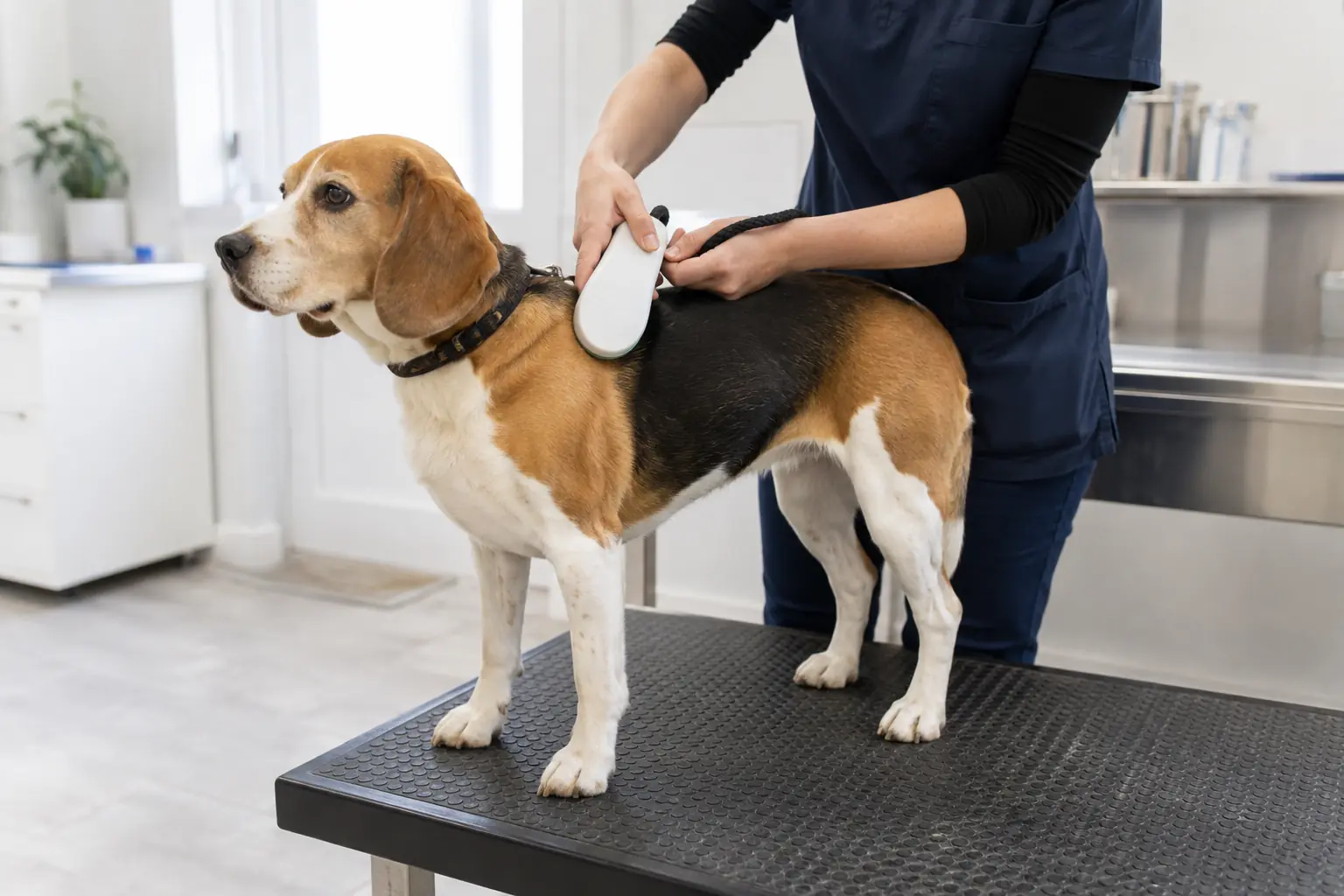 Calm beagle receiving microchip scan at UK animal reception centre- Illustrative Image Calm beagle receiving microchip scan at UK animal reception centre- Illustrative Image