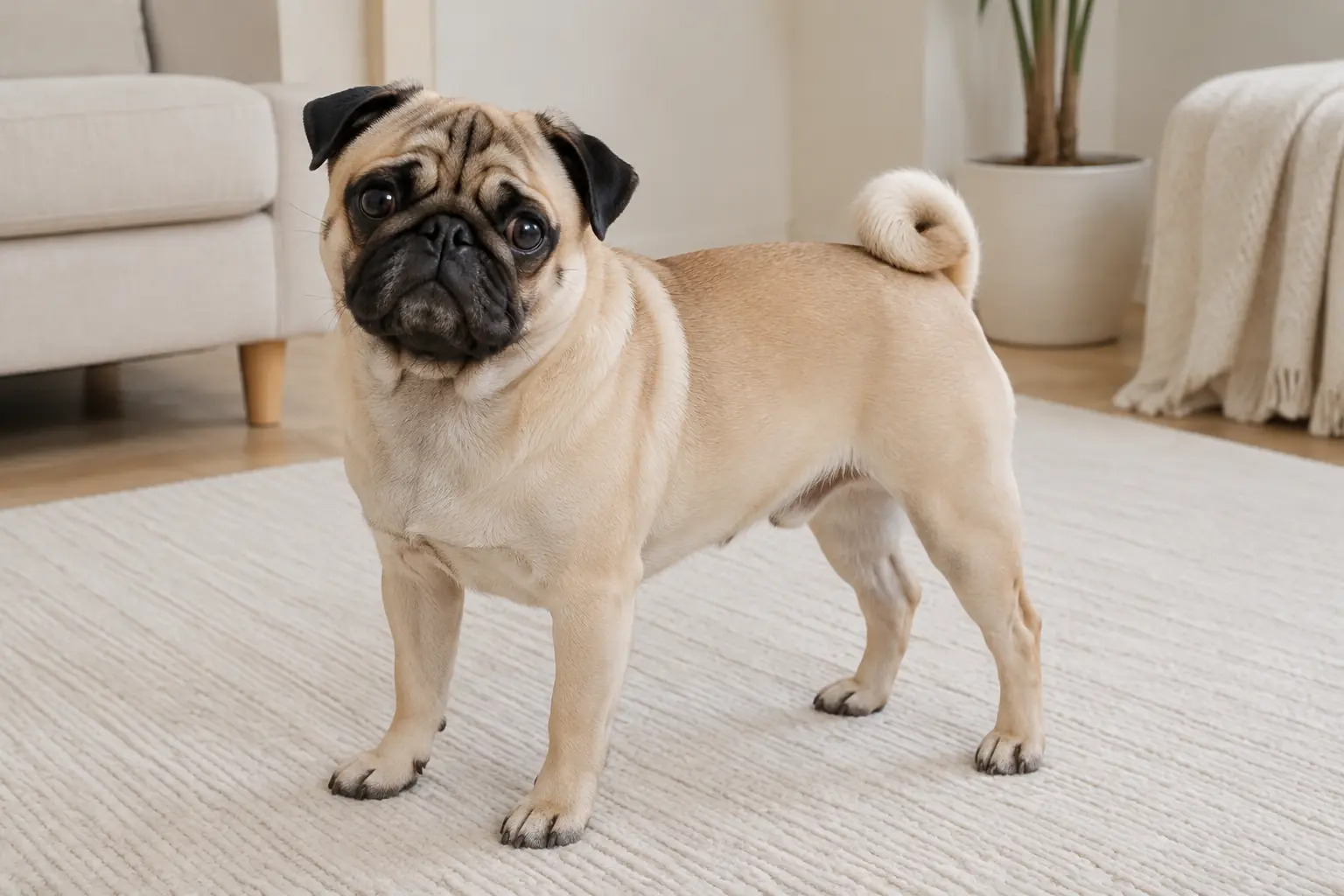 Fawn Pug at home before travel, a snub nosed breed with airline restrictions