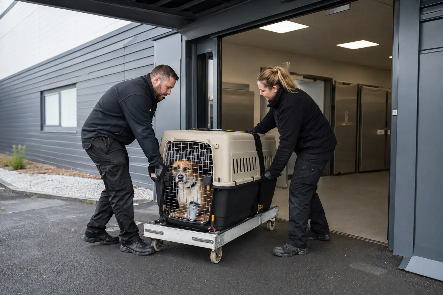 Dog arriving at UK animal reception centre in secure travel crate- Illustrative Image Dog arriving at UK animal reception centre in secure travel crate- Illustrative Image
