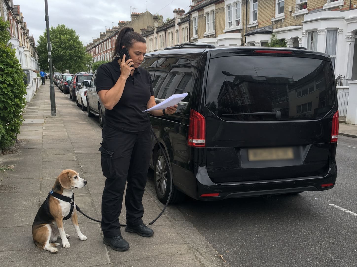 Emergency pet transport driver arranging an urgent route beside a waiting dog