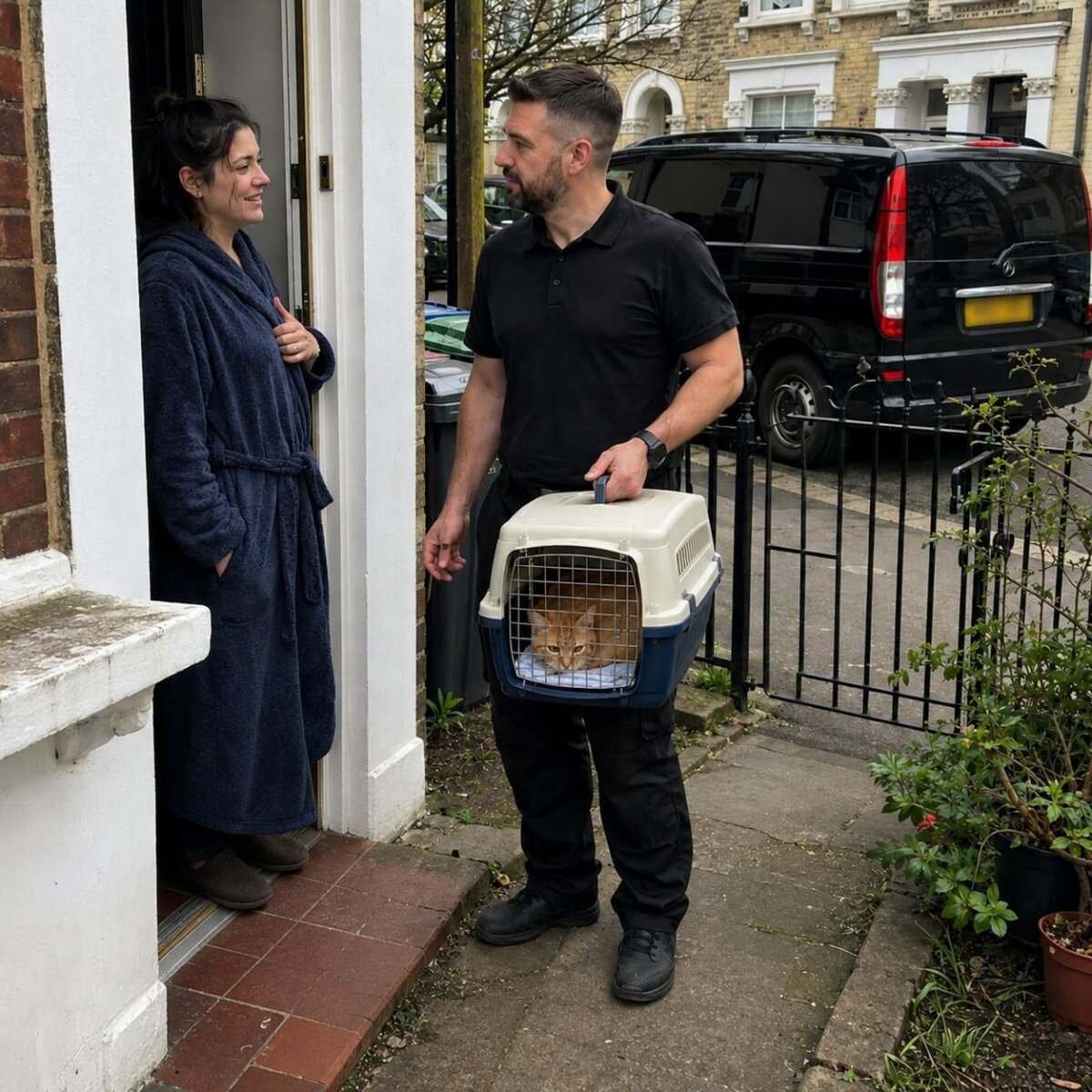 London cat transport collection with secure carrier outside the owner’s home
