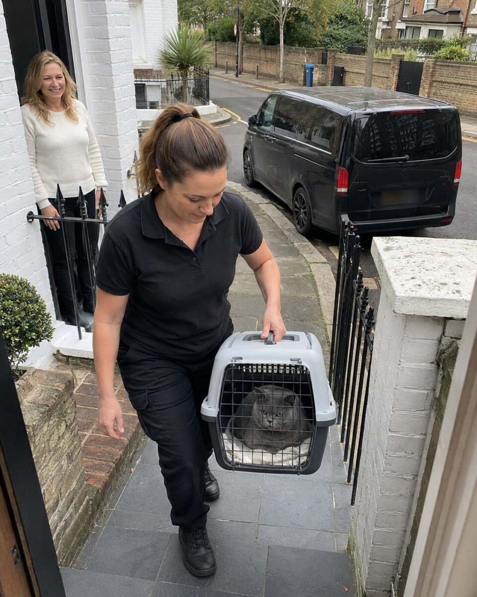 London cat transport professional carrying a secure carrier towards the vehicle