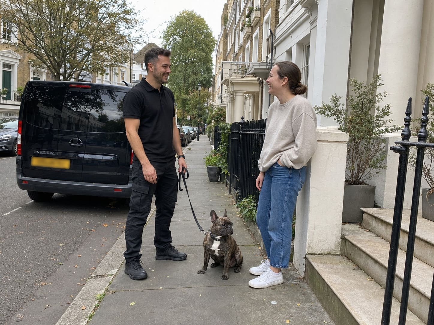 London pet transport collection with French Bulldog and owner outside home London pet transport collection with French Bulldog and owner outside home