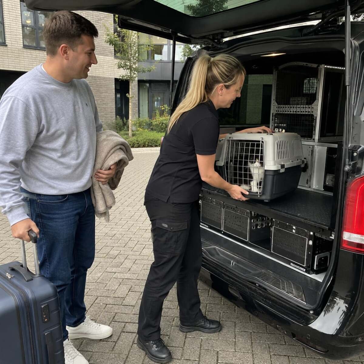 London pet transport loading a secure pet carrier into a transport vehicle