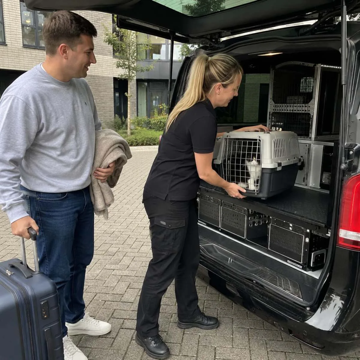 Pet handler loading a dog in an airline crate at the start of a pet relocation overseas