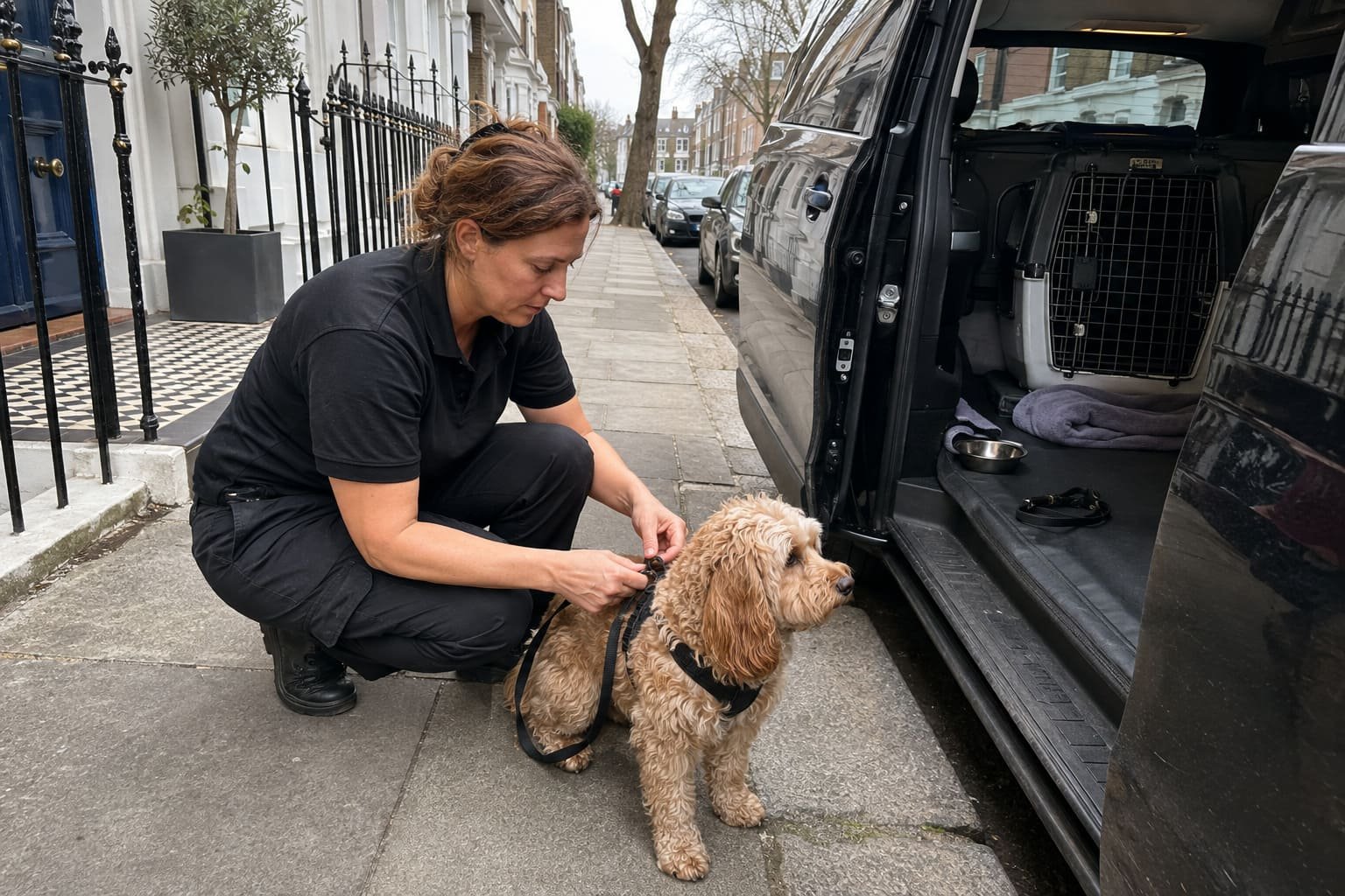 London pet transport professional preparing a dog beside the travel vehicle
