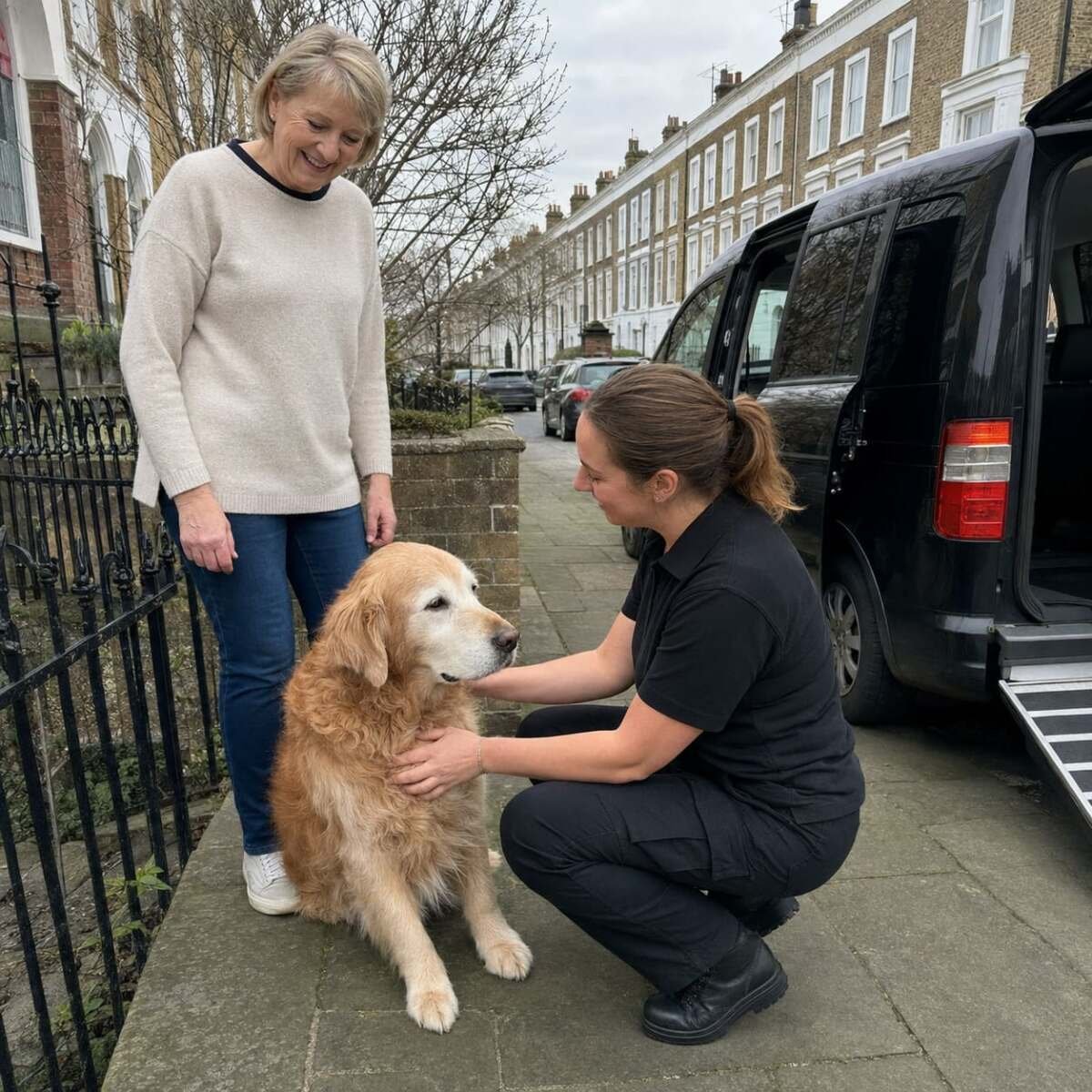 Trained handler reassuring an older Golden Retriever before its journey