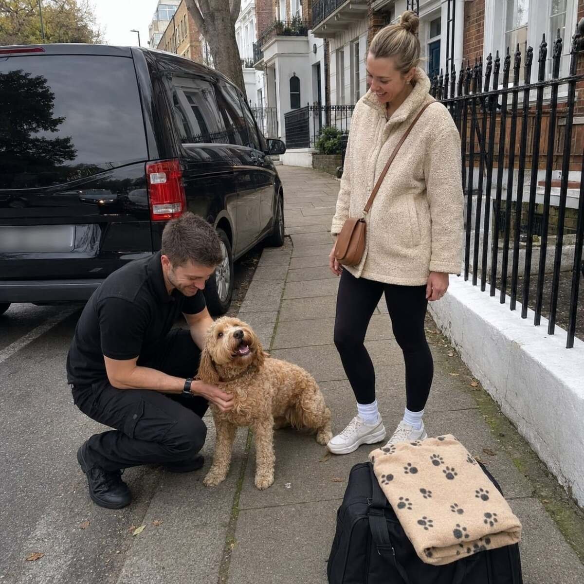 Same-day London pet transport collection with relaxed dog and travel belongings