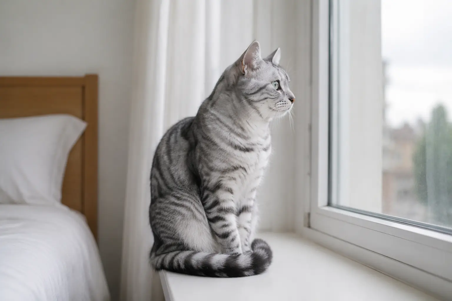 Silver tabby cat sitting on sunlit bedroom windowsill looking outside Silver tabby cat sitting on sunlit bedroom windowsill looking outside