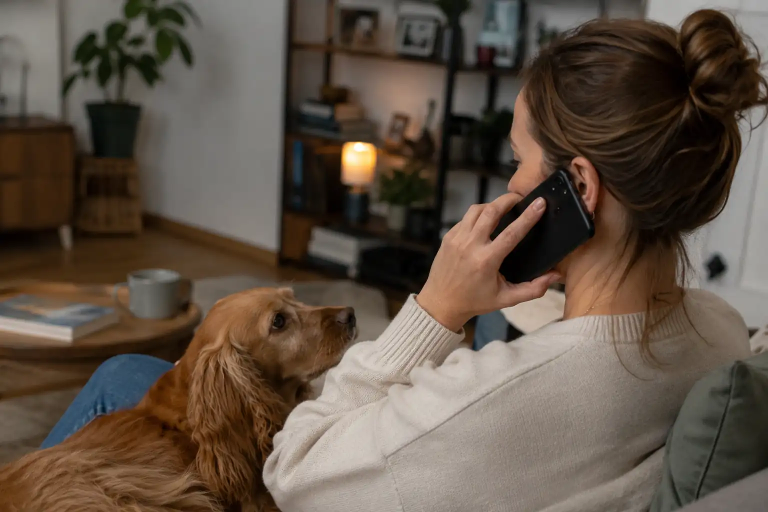 pet owner calling pet travel company at home