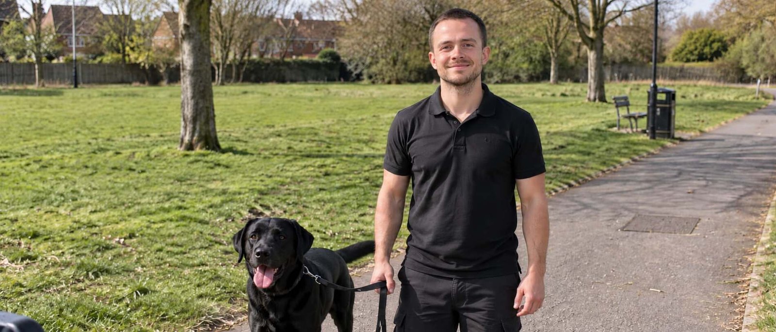 A photo of Sonny walking a dog in a park in the UK