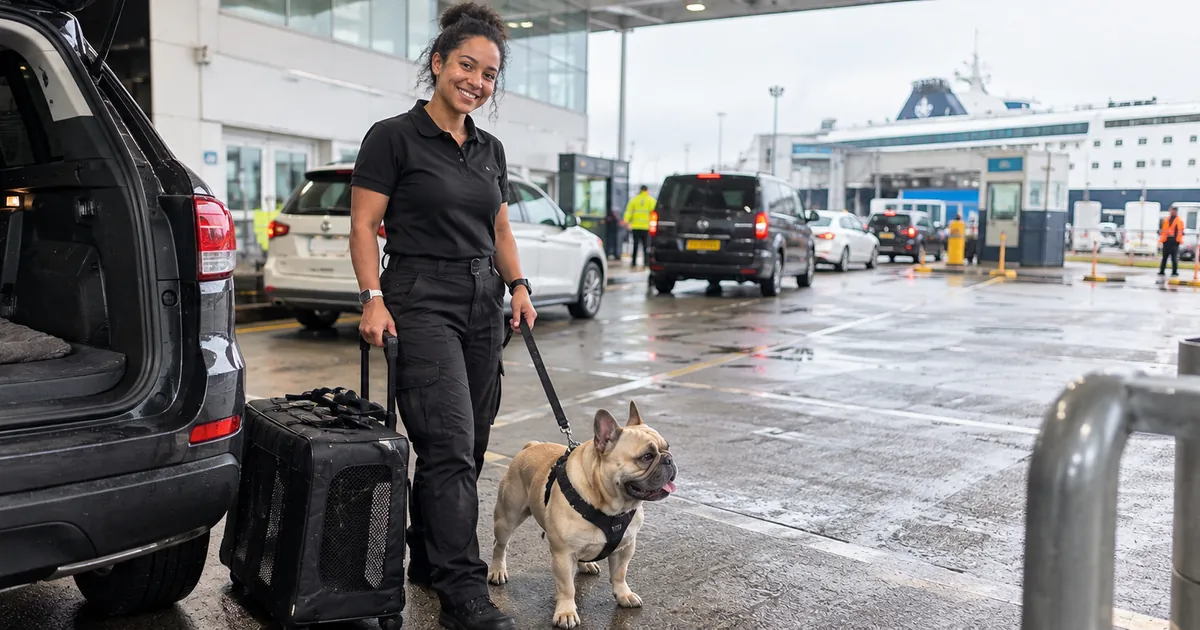 Dog beside transport vehicle at ferry terminal - Illustrative Image